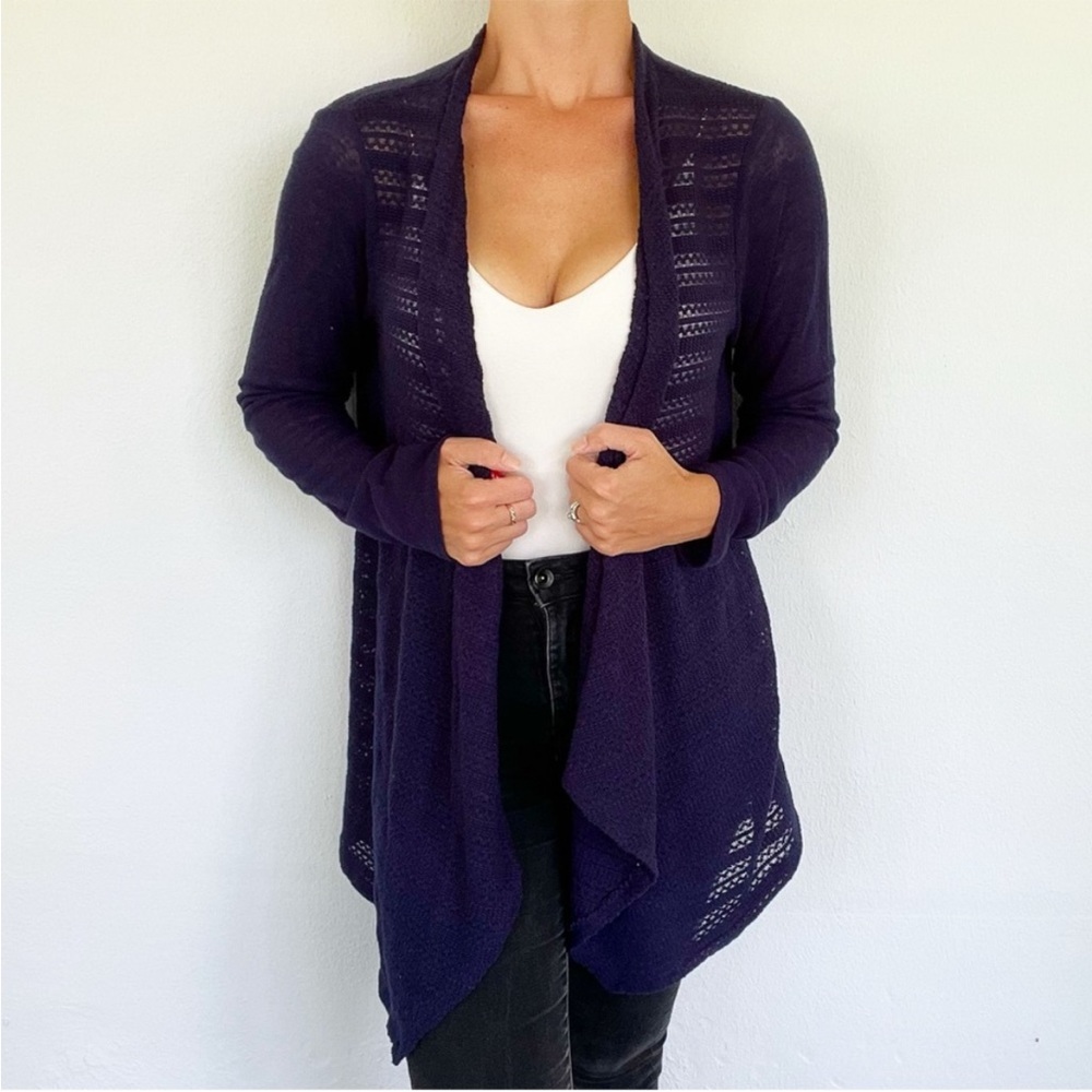 Eyeshadow navy sheer knit crochet lace long drape waterfall cardigan size large